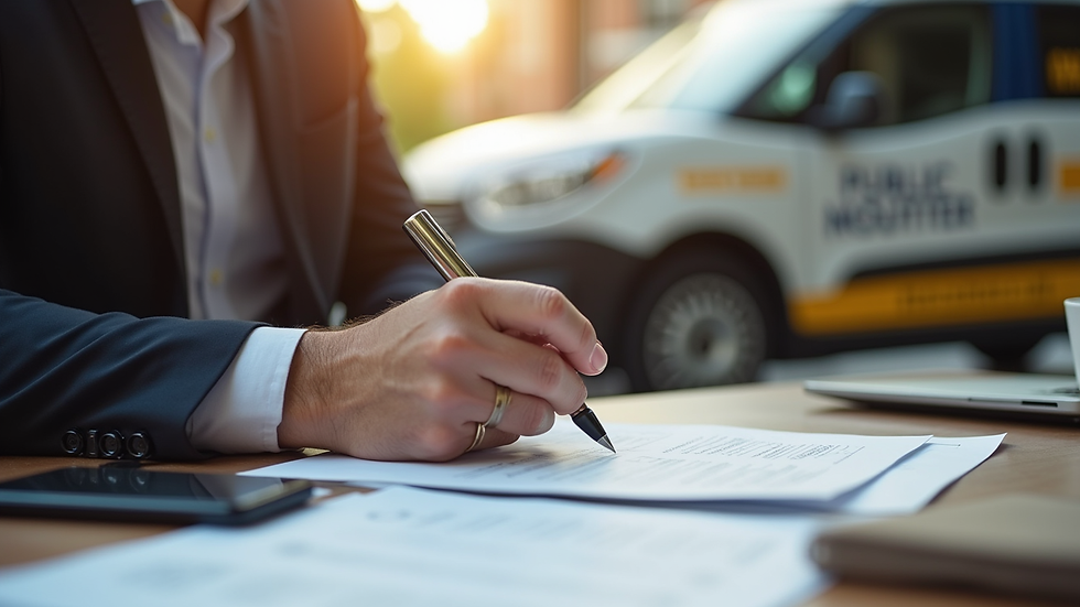 Close-up view of a public adjuster reviewing insurance documents at a desk