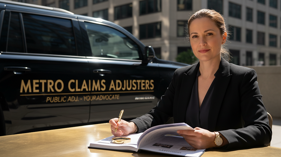 Close-up view of a public adjuster reviewing insurance documents at a desk