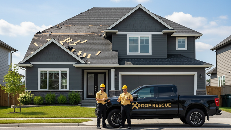 Eye-level view of a residential house with visible roof damage