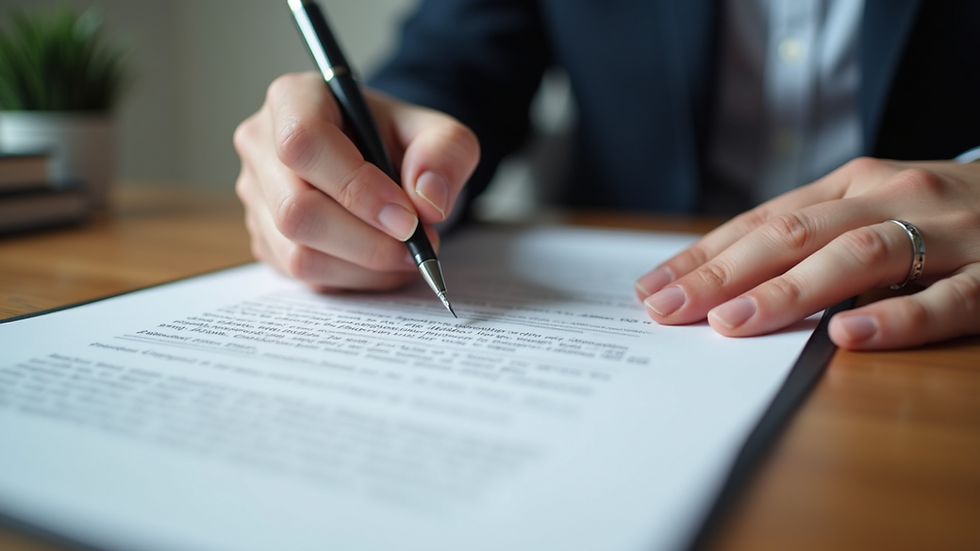 Close-up view of a contract being signed with a pen on a wooden table