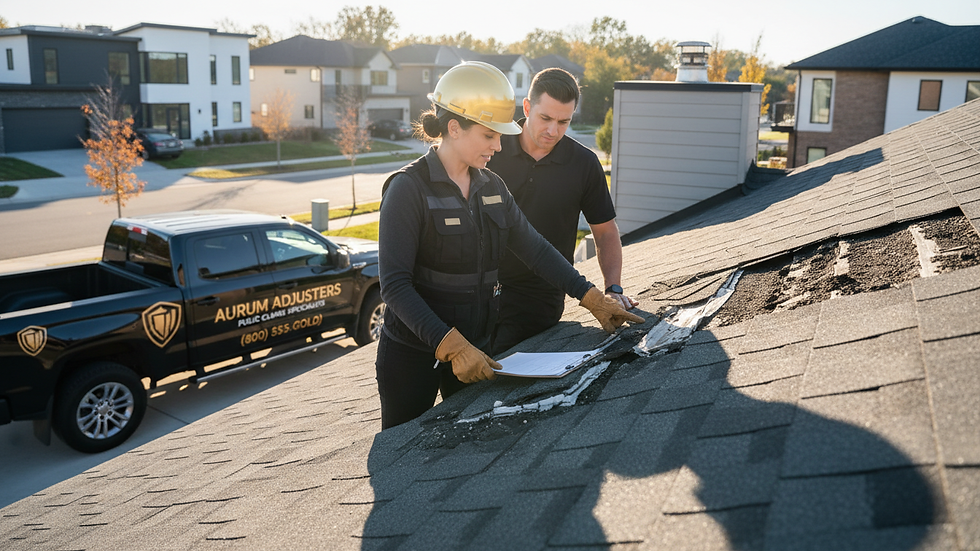Close-up view of a public adjuster inspecting roof damage on a residential property