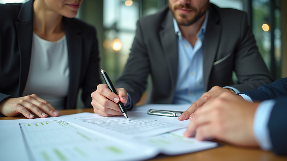Close-up view of a public adjuster reviewing insurance documents at a desk