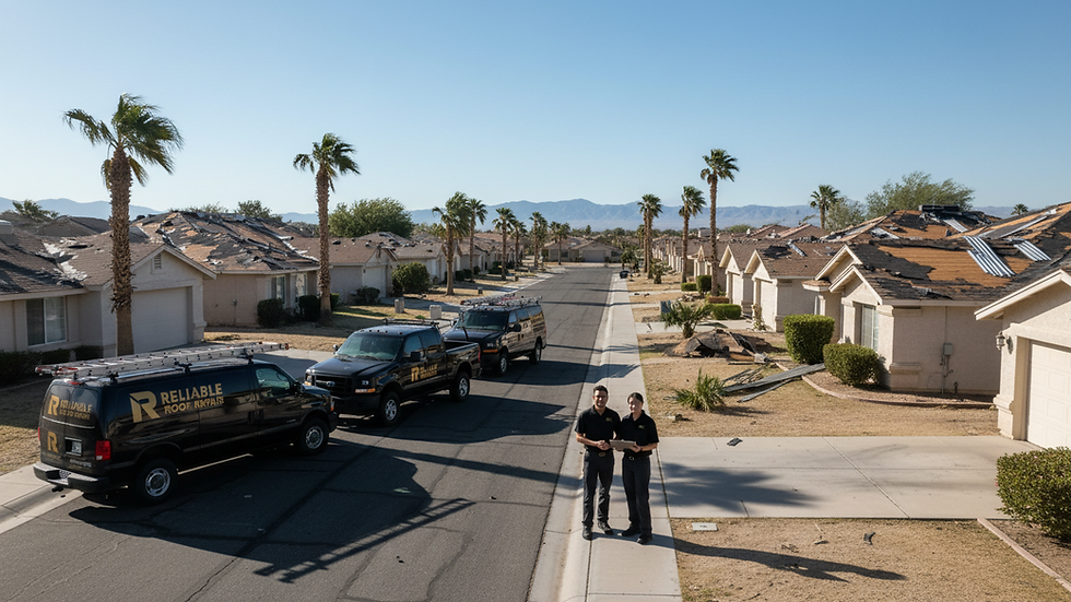 Eye-level view of a Las Vegas neighborhood with damaged roofs after a storm
