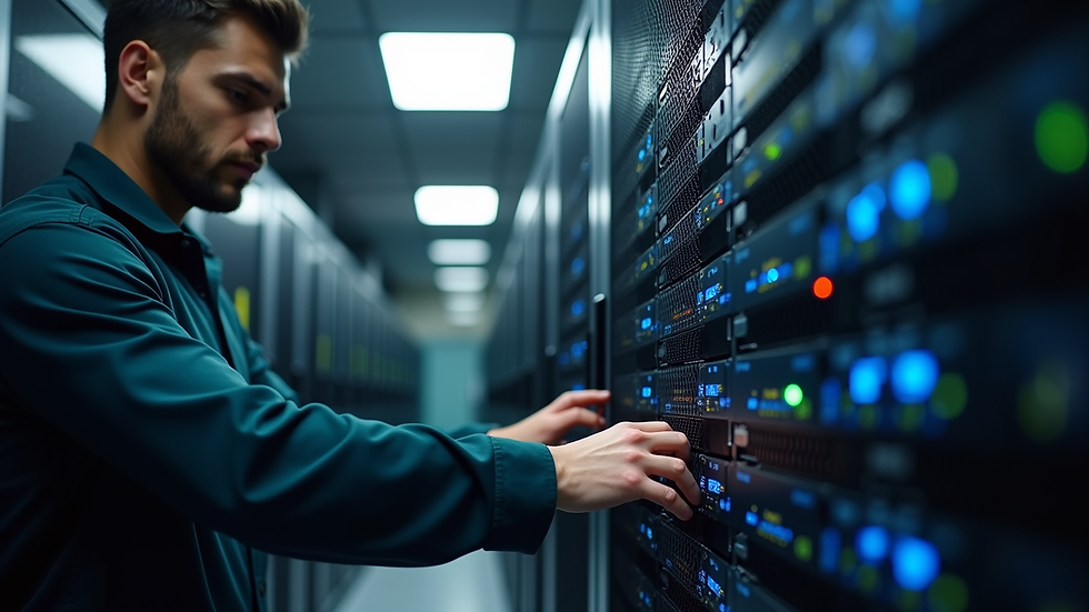 High angle view of a technician working on server hardware in a data center