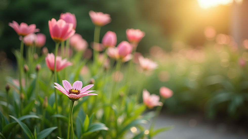 Eye-level view of a peaceful garden with blooming flowers