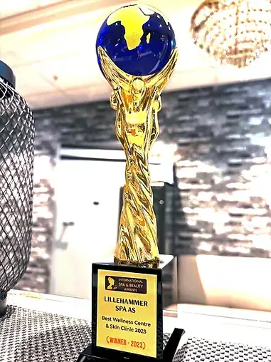 Et bilde som viser prisen som ble vunnet da Lillehammer sps ble kåret av International Spa and beauty Awards til "The Most Prestigious Spa Wellness Award" for beste Dagspa og velværesenter i Norge.