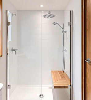 beautiful modern open shower wet room with chrome grab rails and fitted shower seat, in oa