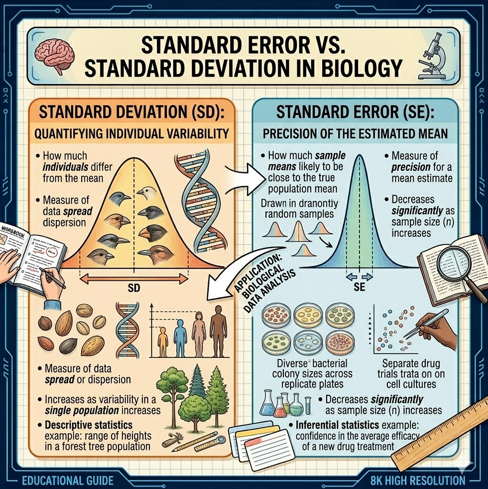 Biology infographic comparing standard deviation and standard error with graphs and real examples