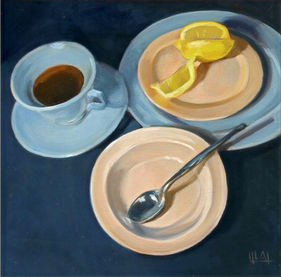 Lu Ray dishes, tea cup with lemon wedges, vintage cups and saucers, still life