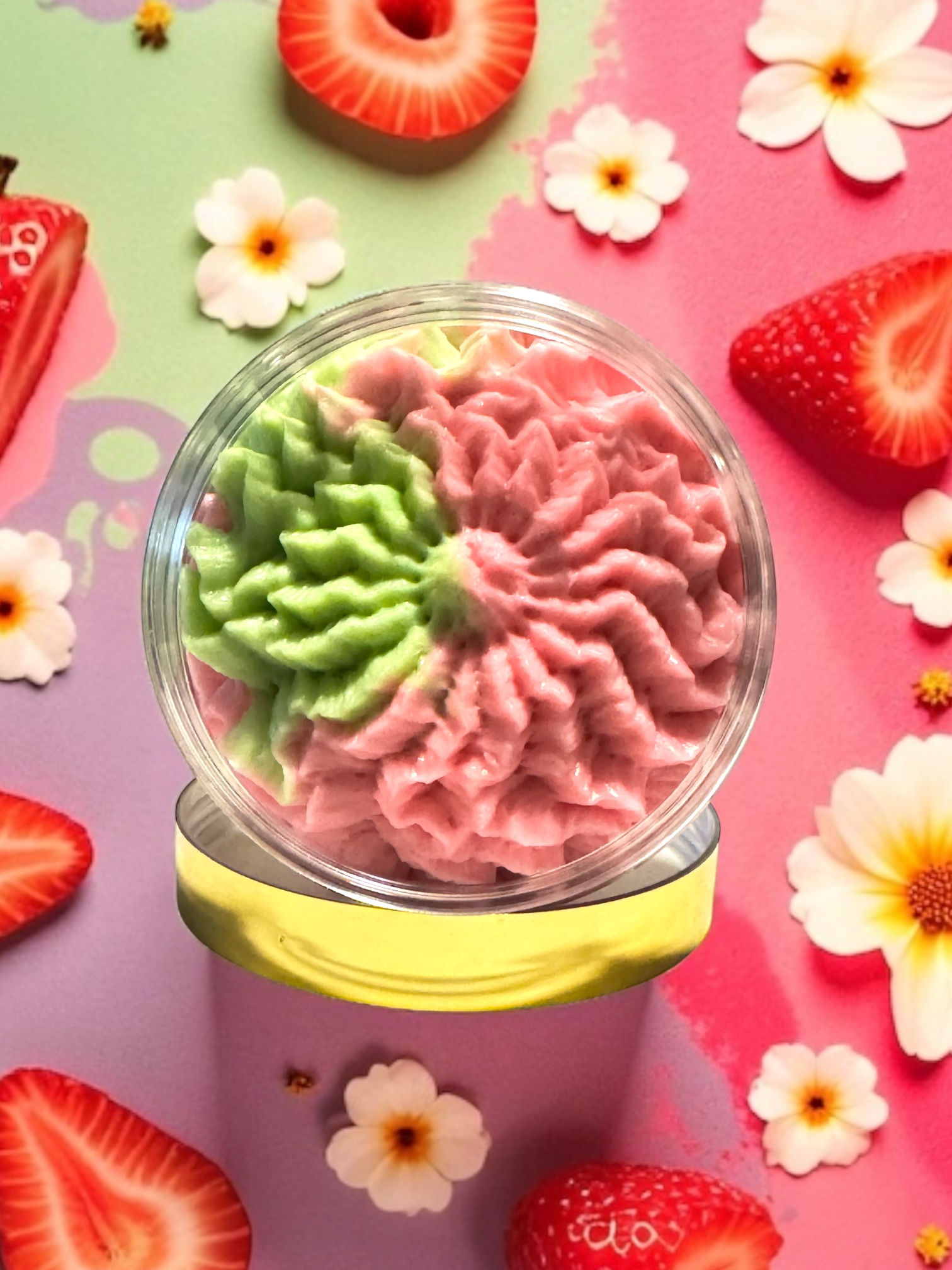 Strawberry Whirl Body Butter, whipped, creamy, and nourishing for soft, smooth skin.