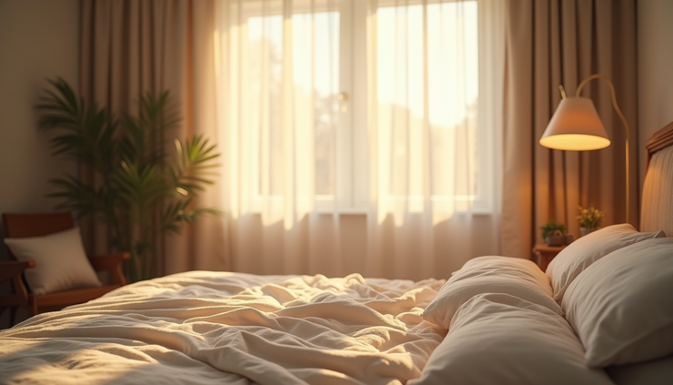 Eye-level view of a sunlit bedroom window with morning light streaming through sheer curtains