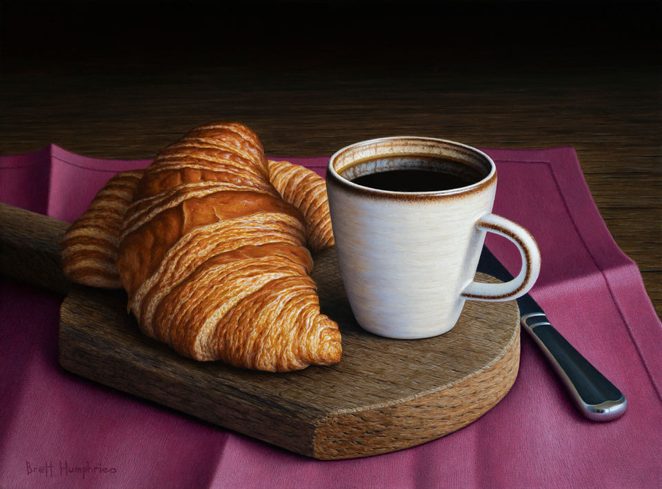 Coffee & Croissants still life by the artist Brett Humphries 