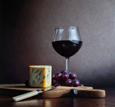 Wine & Cheese oil painting by the still life artist Brett Humphries