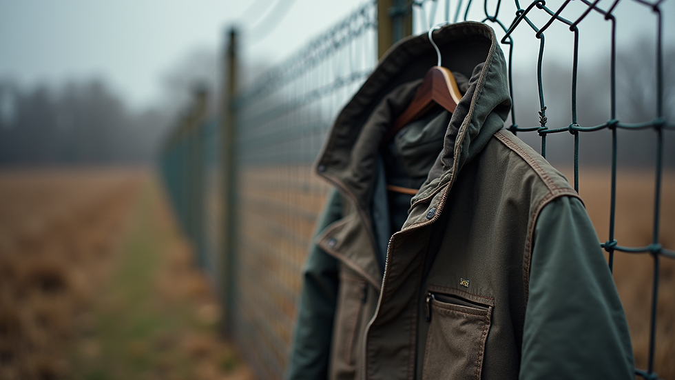 Eye-level view of a rugged outdoor jacket hanging on a fence