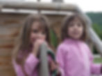 Two young girls in pink jackets on a wooden playground structure, with a green forest in the background. They look curious and playful.