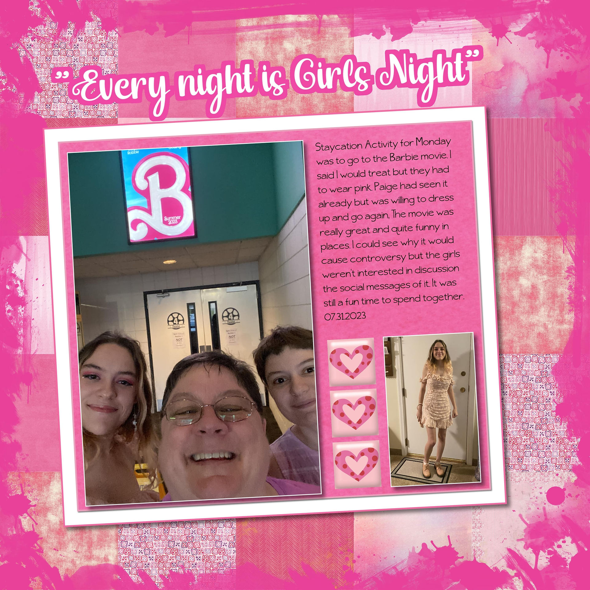 Scrapbook page of Girls night at the movies to see Barbie