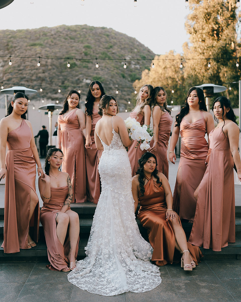 The bride stares back flaunting her wonderful wedding dress together with her bridesmaids in pink.