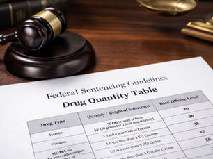 Federal drug sentencing guidelines drug quantity table on a judge’s desk used to calculate federal sentencing ranges