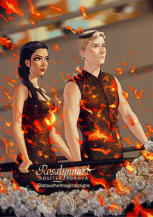 Fan art of Katniss and Keeta chariot ride on fire during the Opening Ceremony.
