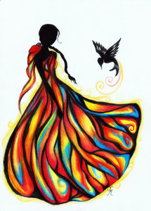 Colored pencil silhouette of Katniss the Girl on Fire fanart. Katniss is in her fiery interview dress.