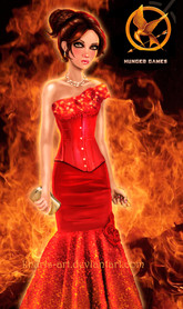 Katniss the Girl on Fire fanart. Katniss is in her fiery interview dress in front of a fiery background.