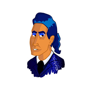 Digital drawing of Caesar Flickerman with blue hair and sparkly midnight blue suit