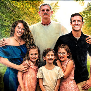 Hand‑drawn memorial family portrait with parents, three girls, and the symbolic presence of their remembered grandfather.