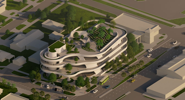 A high-angle isometric architectural rendering depicting a modern, multi-story building characterized by white, fluidly curvilinear floor plates that create stepped outdoor terraces filled with trees and greenery. The structure sits on a corner lot within a suburban context, surrounded by streets with cars and lower-density residential buildings, highlighting a distinct contrast between its organic form and the existing rectilinear neighborhood grid.