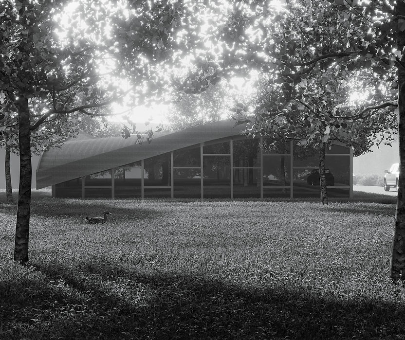 Black and white architectural rendering of a low-profile pavilion with an undulating roof and glass facade, viewed from a grassy park through dappled sunlight with a duck in the foreground.