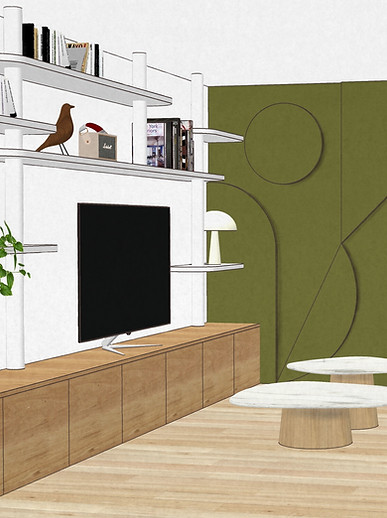 Projection 3D d'un salon avec un meuble TV en enfilade, des étagères blanches arrondis autour de l'écran et un mur vert olive avec des formes en relief