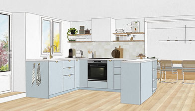 Projection 3D d'une cuisine en U bleu ciel pastel avec un plan de travail blanc et des étagères en bois avec de la vaisselle