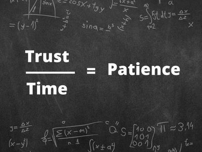 Text graphic illustrating the equation trust over time equals patience