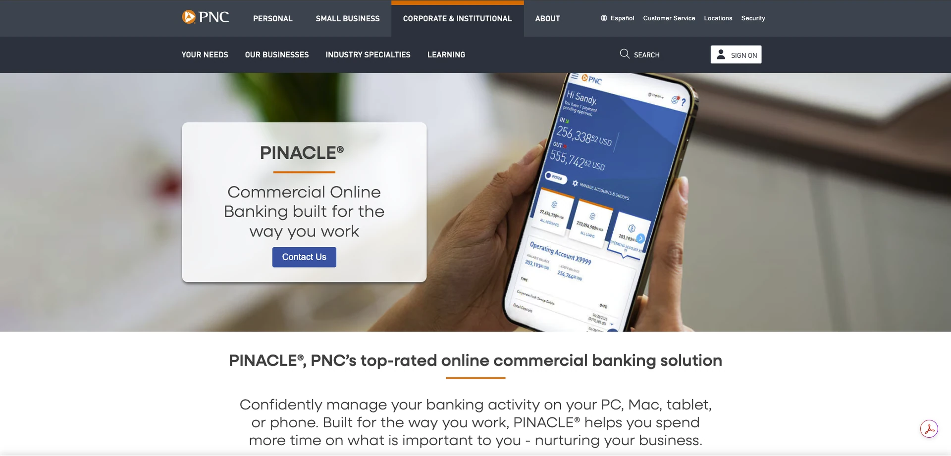 PNC PINACLE commercial online banking interface