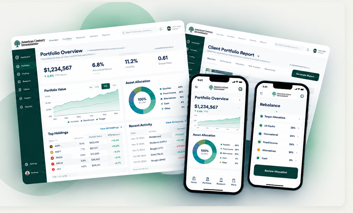 American Century mobile portfolio overview and rebalance designs