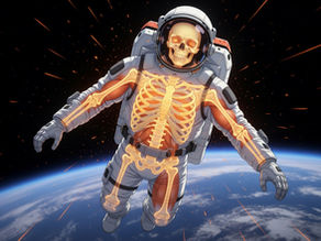 Astronauta no espaço com ilustração dos efeitos da microgravidade e radiação no corpo humano