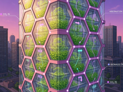 Fachada com microalgas produzindo energia em edifício sustentável de bioarquitetura