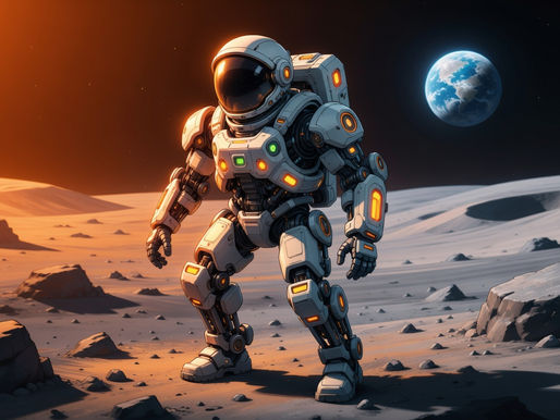 Astronauta com exoesqueleto na Lua caminhando em terreno irregular com apoio tecnológico avançado