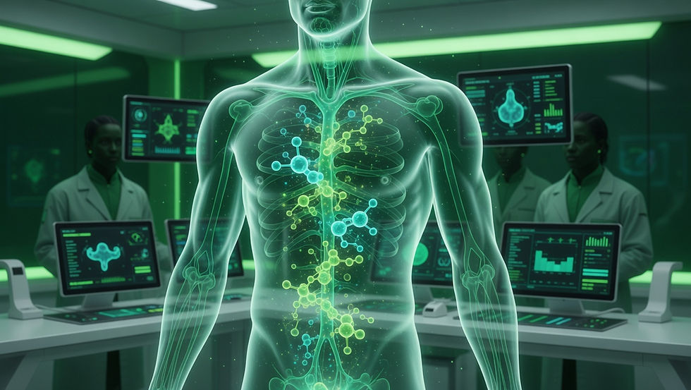 Corpo humano digital sendo usado para simulação de testes de medicamentos em laboratório virtual