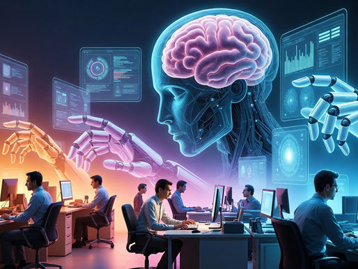 Inteligência artificial substituindo tarefas humanas em ambiente de trabalho moderno