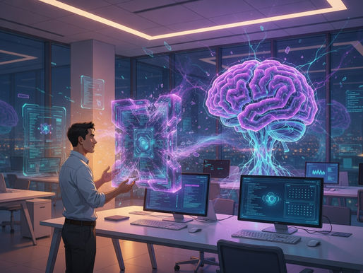 Inteligência artificial autônoma executando tarefas em ambiente de trabalho moderno