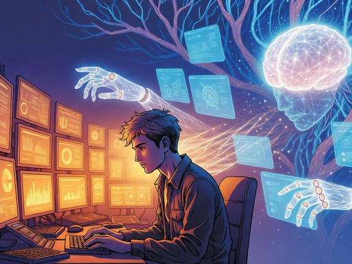 Representação de inteligência artificial autônoma controlando múltiplas tarefas digitais em ambiente futurista