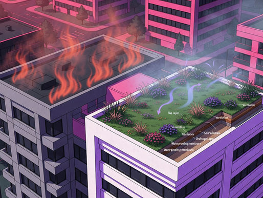 Telhado verde reduzindo calor em edifício urbano com vegetação e controle térmico natural