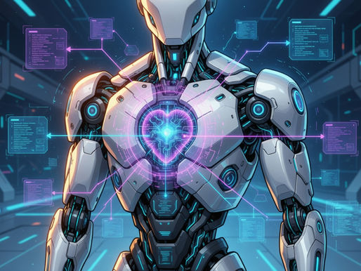 Robô autônomo futurista com núcleo de computação quântica processando múltiplas decisões simultaneamente