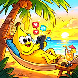 Colorful cartoon illustration of a sunny tropical beach in Tenerife with The Banana Life mascot