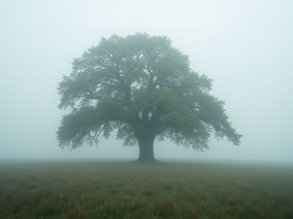 A majestic oak tree standing tall in an early morning mist symbolizing stability and growth.