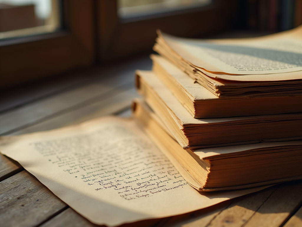 A collection of political papers and antique books stacked neatly on a wooden desk.