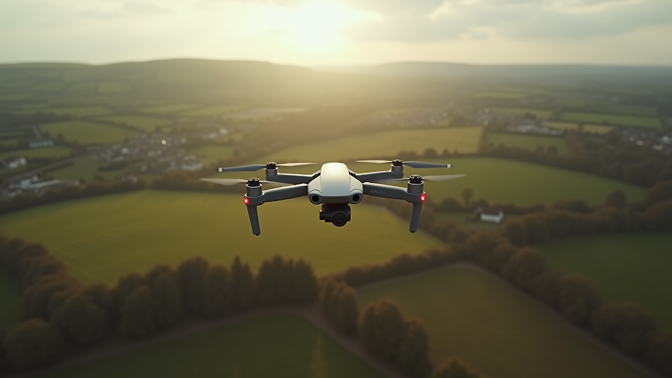 High angle view of a drone flying over a rural Welsh landscape