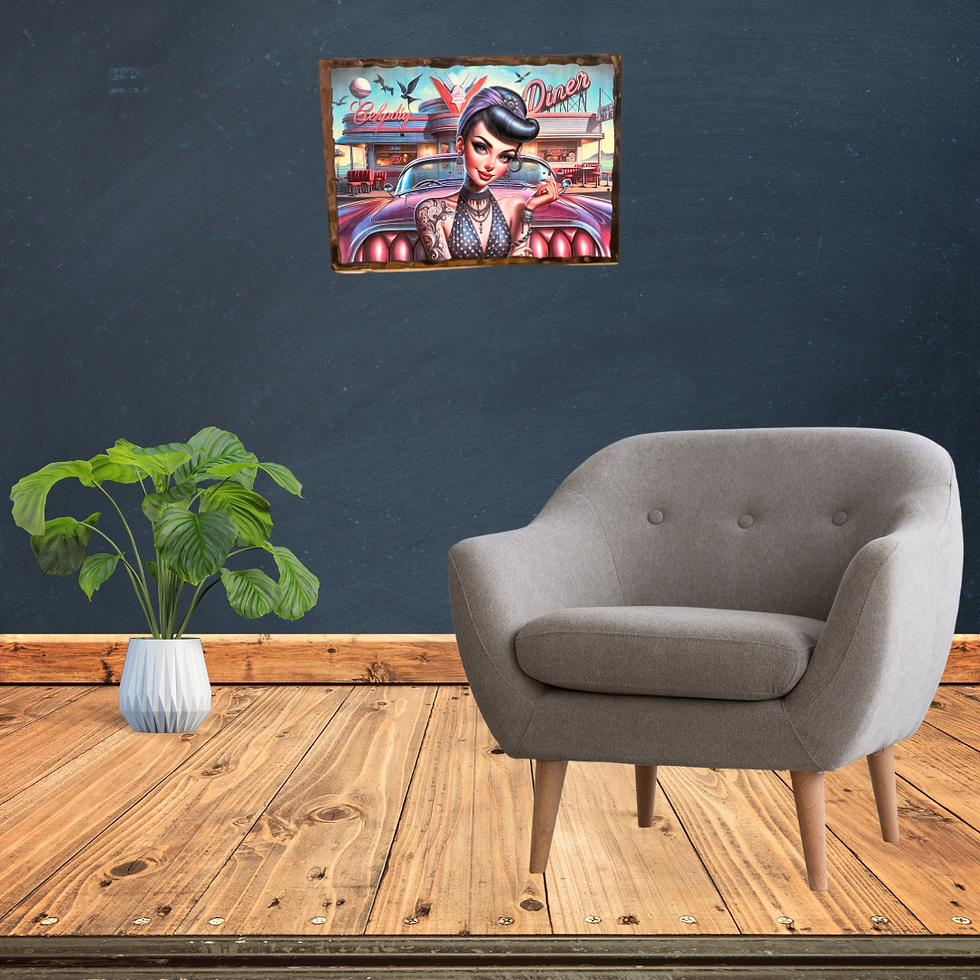 Miniature : Tableau pin up et driving  💋🚗🎶 Welcome to the Rockabilly Spirit ! Ce tableau, c’est un vrai voyage dans les fifties : Cadi