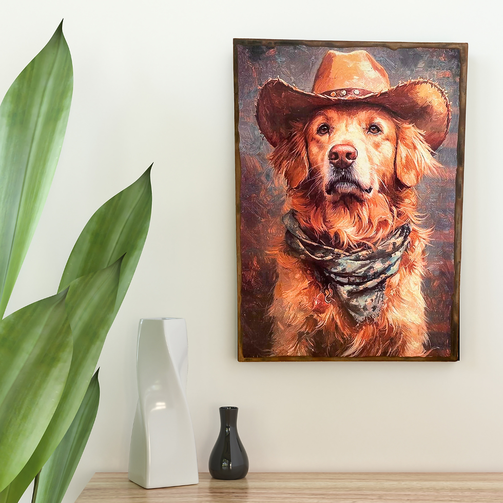 Tableau Golden Retriever  Craquez pour ce magnifique portrait d’un Golden Retriever, revisité dans une ambiance western plein