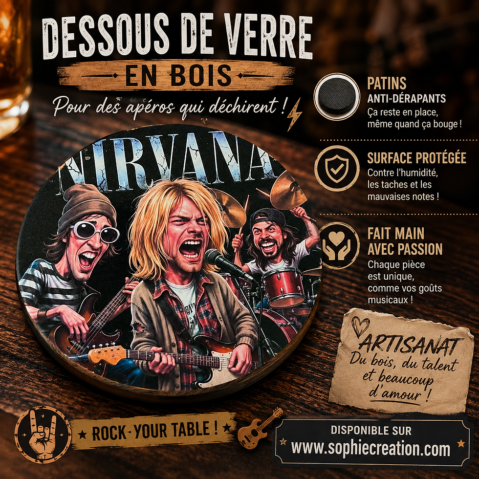 Dessous verre Nirvana  🎸🍺 Les fans de Nirvana vont adorer !  Ajoutez une touche grunge à vos pauses café ou à vos soirées e